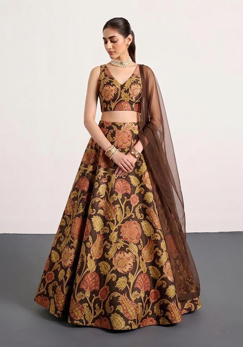 Chocolate Brown Silk Blend Jacquard Lehenga Set