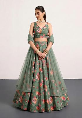 Olive Green Printed Chiffon Lehenga Set