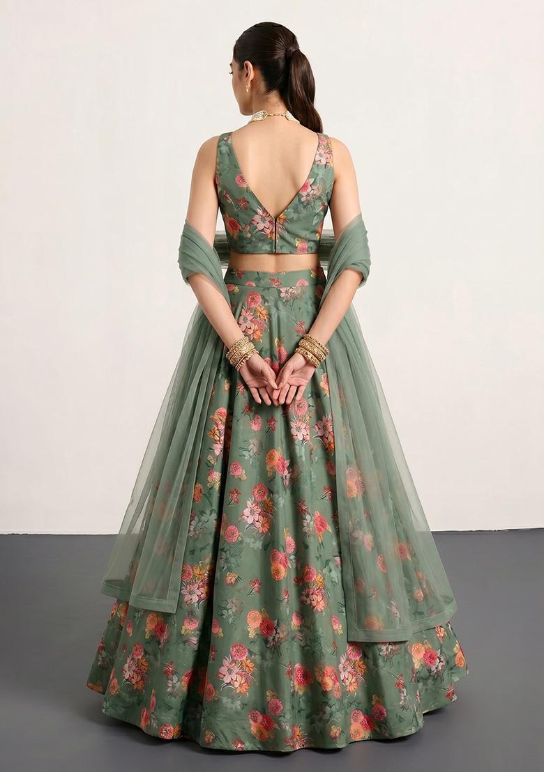 Olive Green Printed Chiffon Lehenga Set - Indya