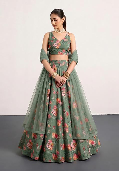 Olive Green Silk Blend Floral Print Lehenga Set