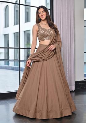 Brown Mirror Work Silk Blend Lehenga Set
