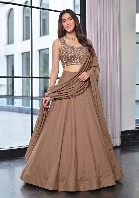 Brown Silk Blend Mirror Work Lehenga Set