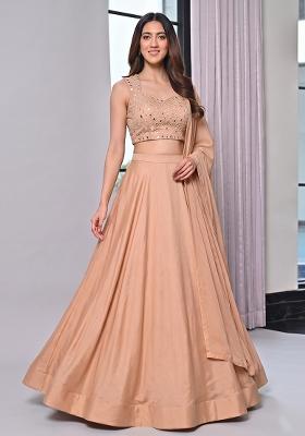 Peach Silk Blend Mirror Work Lehenga Set