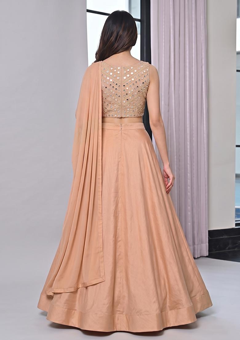 Peach Silk Blend Mirror Work Lehenga Set - Indya