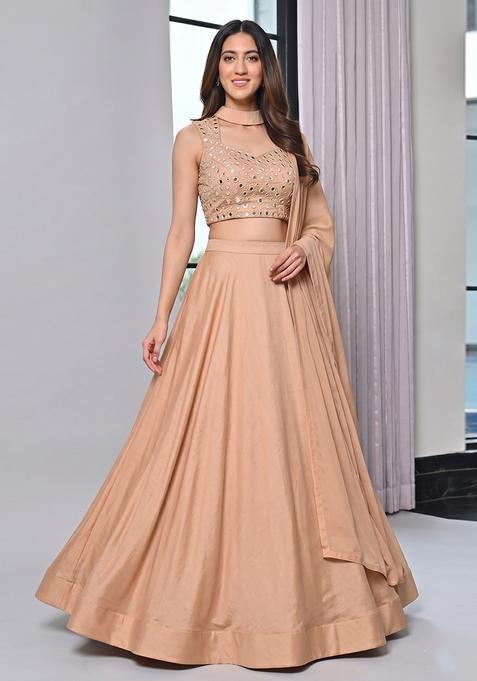 Beige Silk Blend Mirror Work Lehenga Set