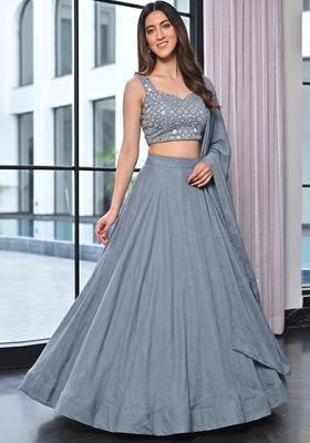 Slate Grey Mirror Work Silk Blend Lehenga Set