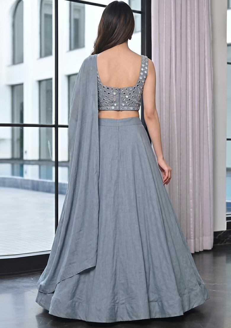 Slate Grey Mirror Work Silk Blend Lehenga Set - Indya