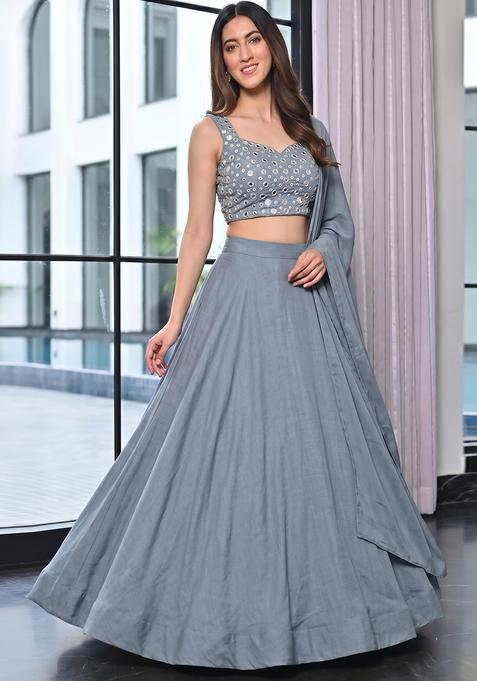 Slate Grey Silk Blend Mirror Work Lehenga Set