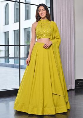 Lime Green Mirror Work Silk Blend Lehenga Set