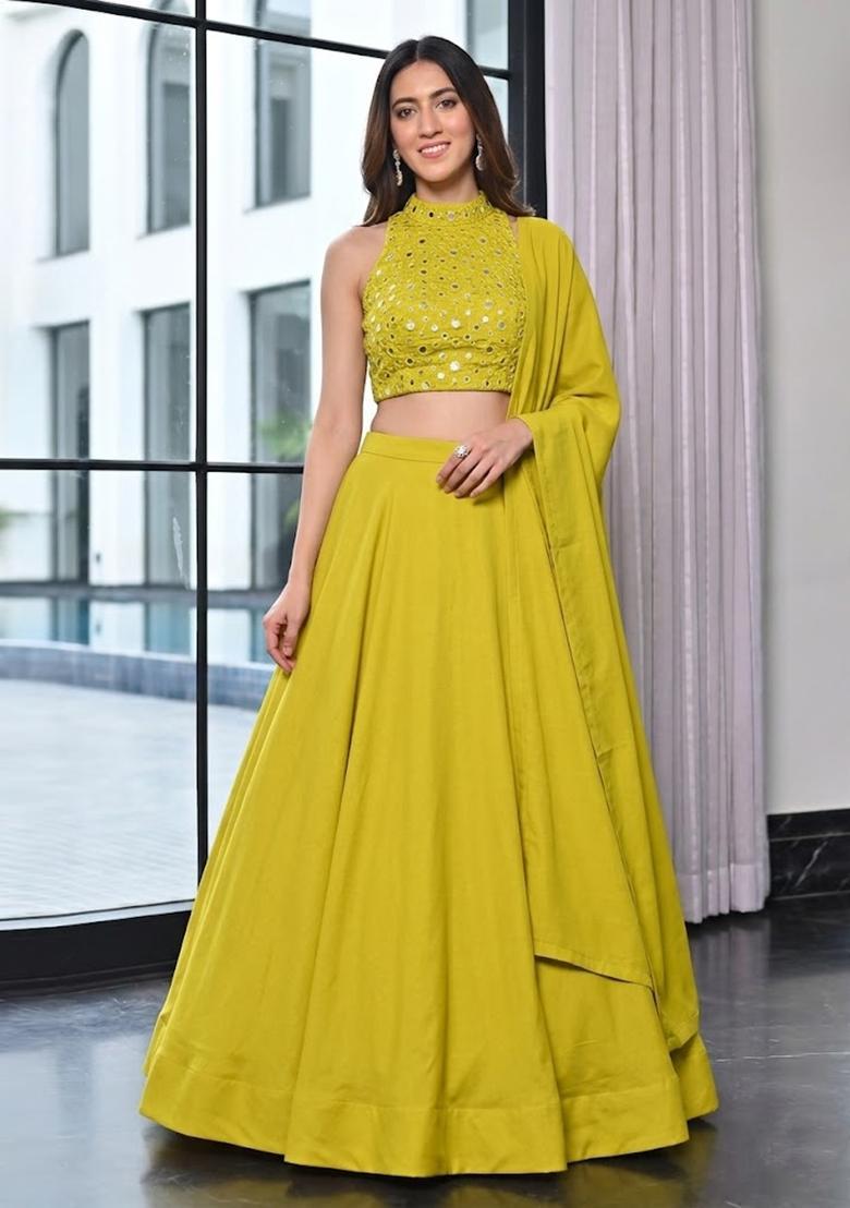 Lime Green Mirror Work Silk Blend Lehenga Set - Indya