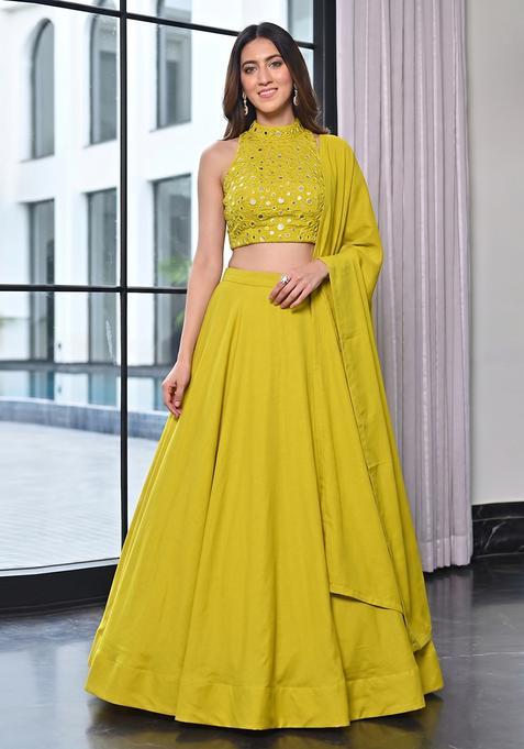 Lime Green Silk Blend Mirror Work Lehenga Set