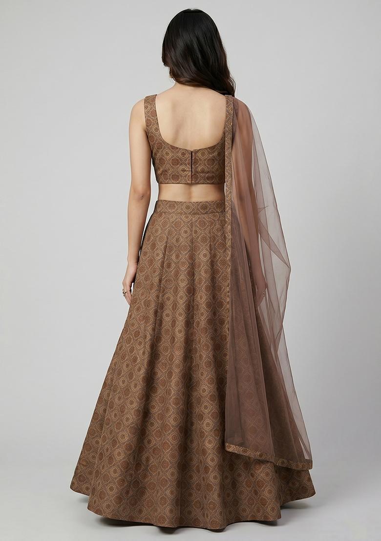 Brown Printed Georgette Lehenga Set - Indya