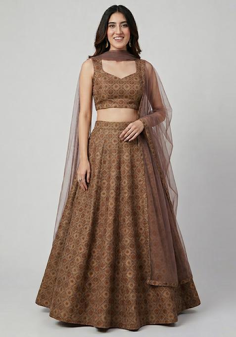Brown Silk Blend Printed Lehenga Set