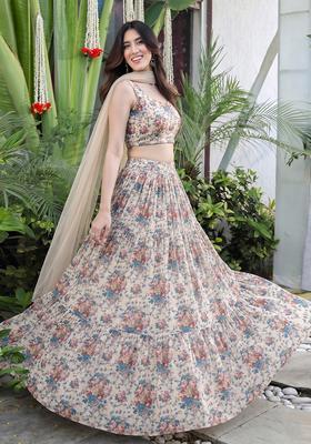 Beige Printed Georgette Lehenga Set