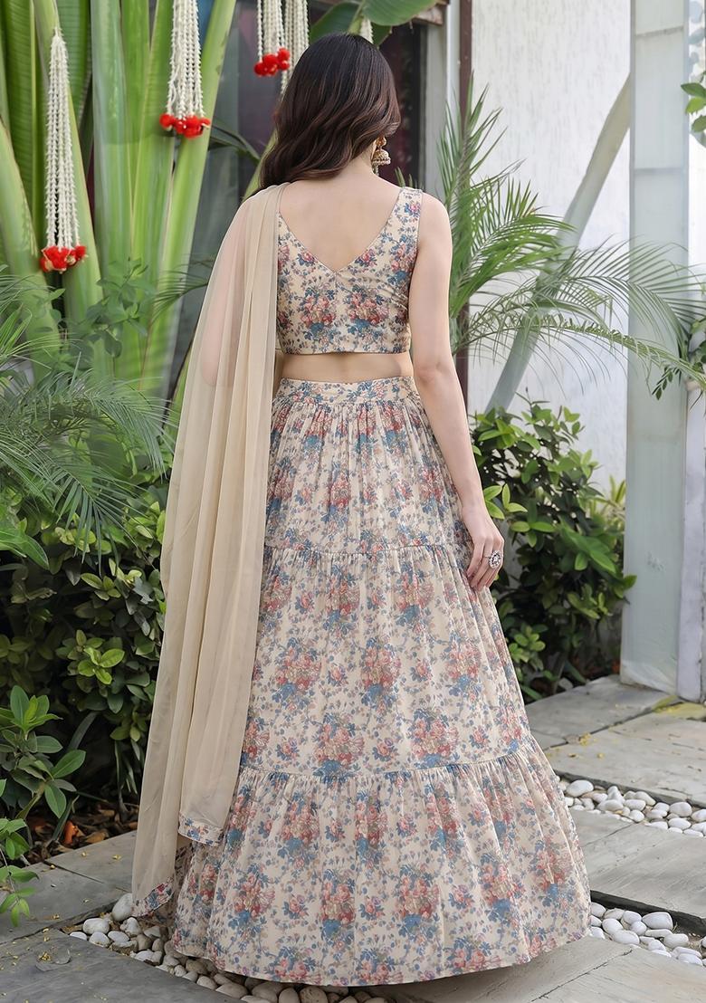 Beige Printed Georgette Lehenga Set - Indya