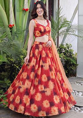 Red Printed Georgette Lehenga Set