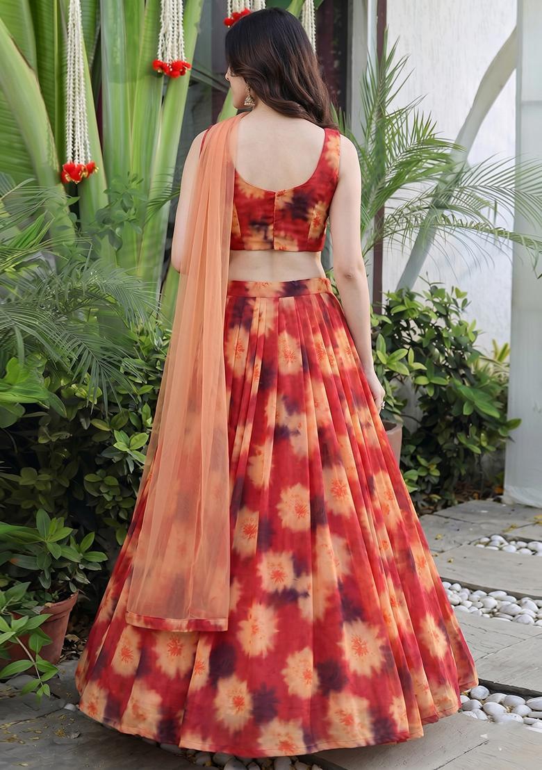 Red Printed Georgette Lehenga Set - Indya
