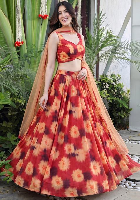 Red Georgette Printed Lehenga Set