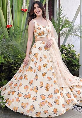 Cream Printed Georgette Lehenga Set