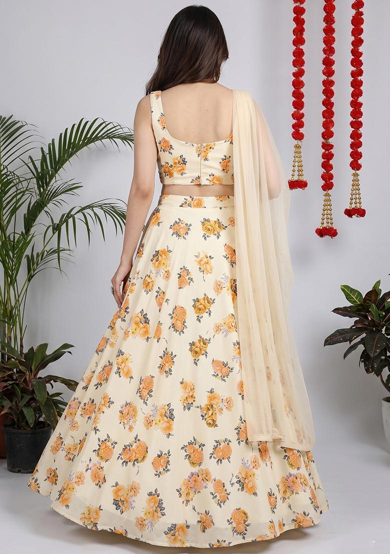 Cream Printed Georgette Lehenga Set - Indya