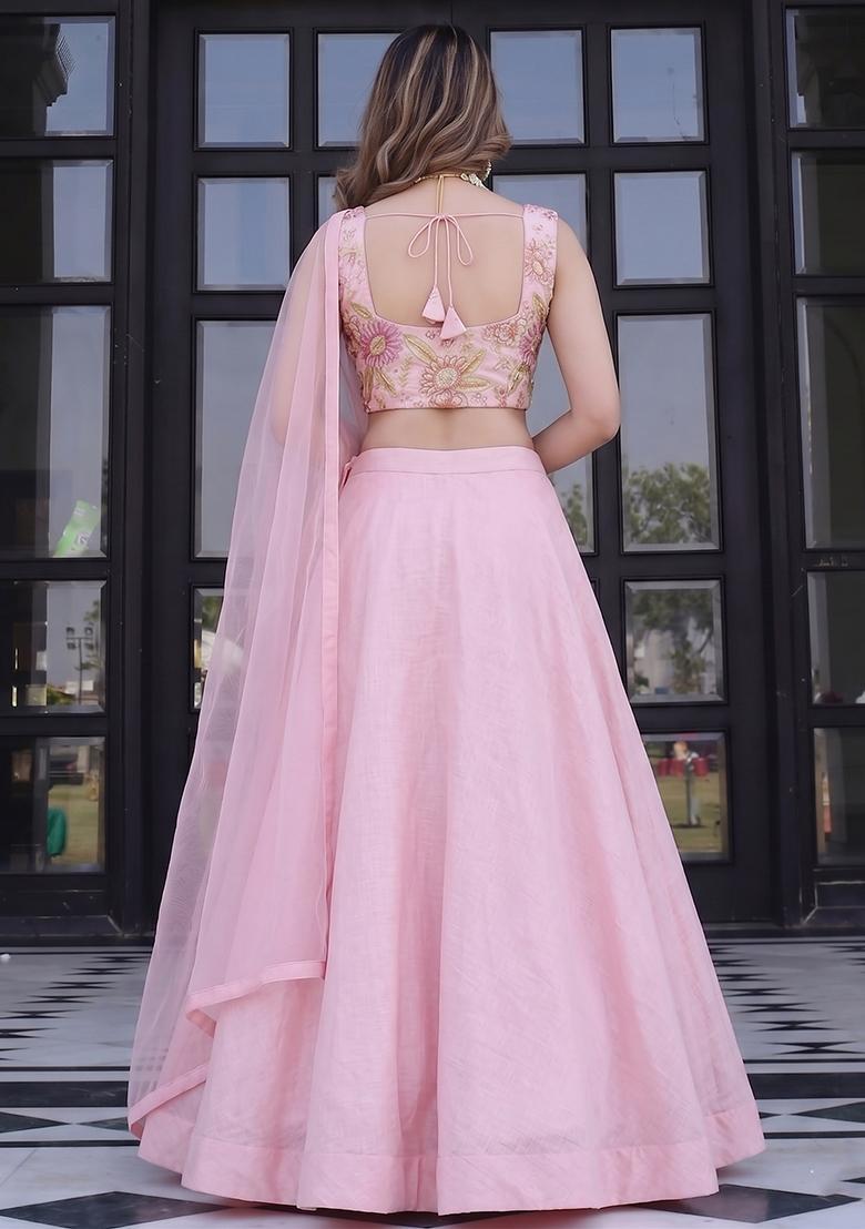 Baby Pink Embroidered Organza Lehenga Set - Indya