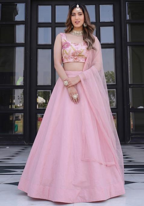 Baby Pink Silk Blend Embroidered Lehenga Set