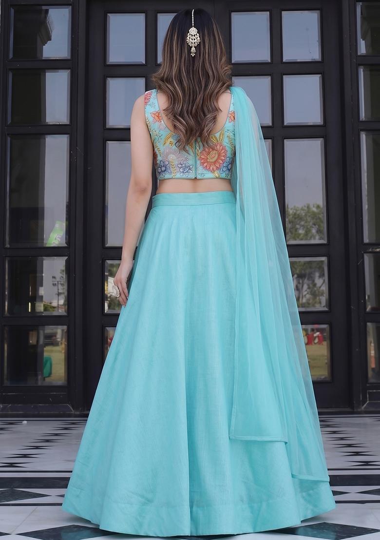 Pestal Blue Silk Blend Embroidered Lehenga Set - Indya