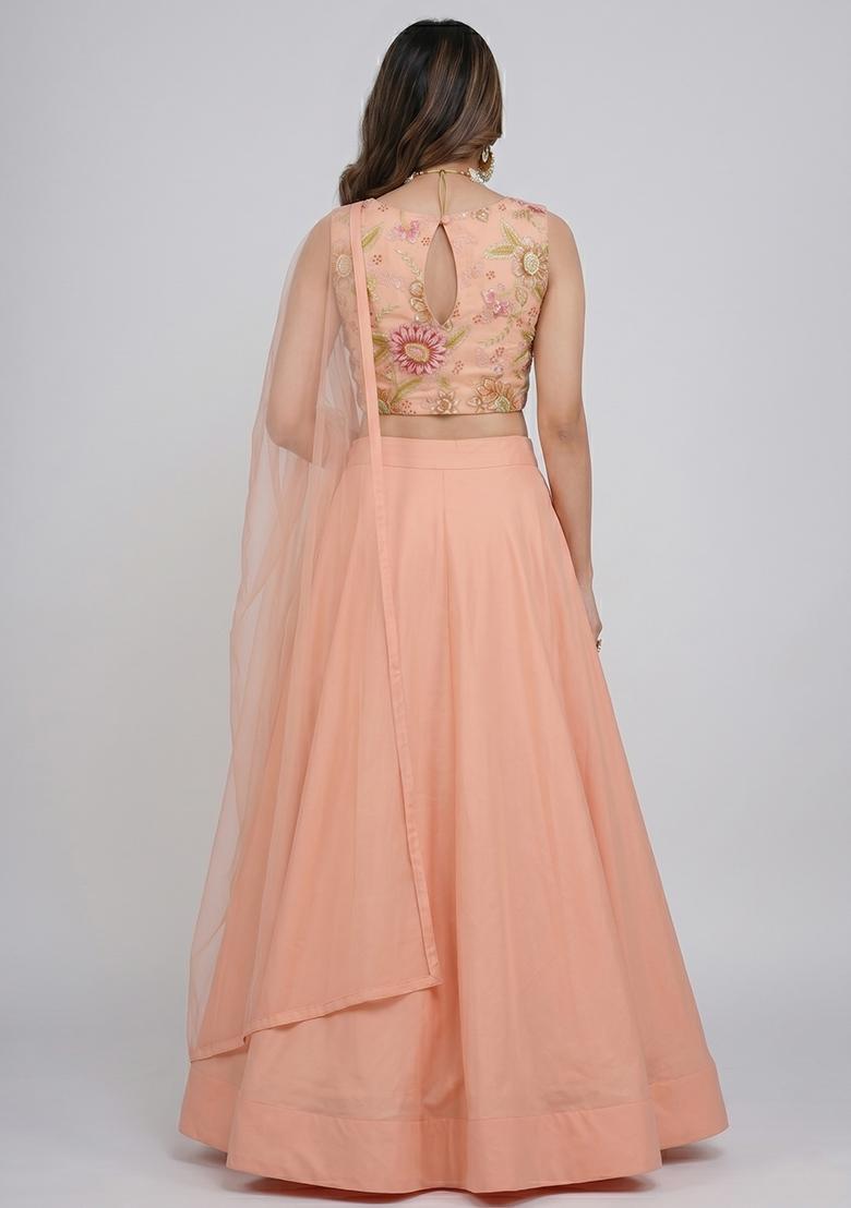 Soft Peach Embroidered Organza Lehenga Set - Indya