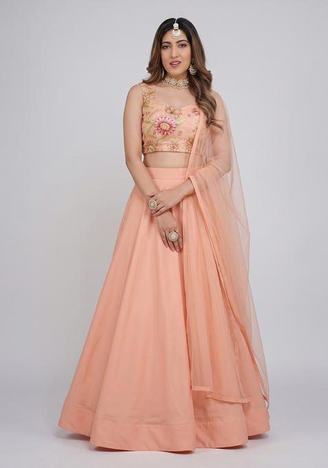 Soft Peach Silk Blend Embroidered Lehenga Set