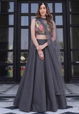Charcoal Grey Embroidered Organza Lehenga Set