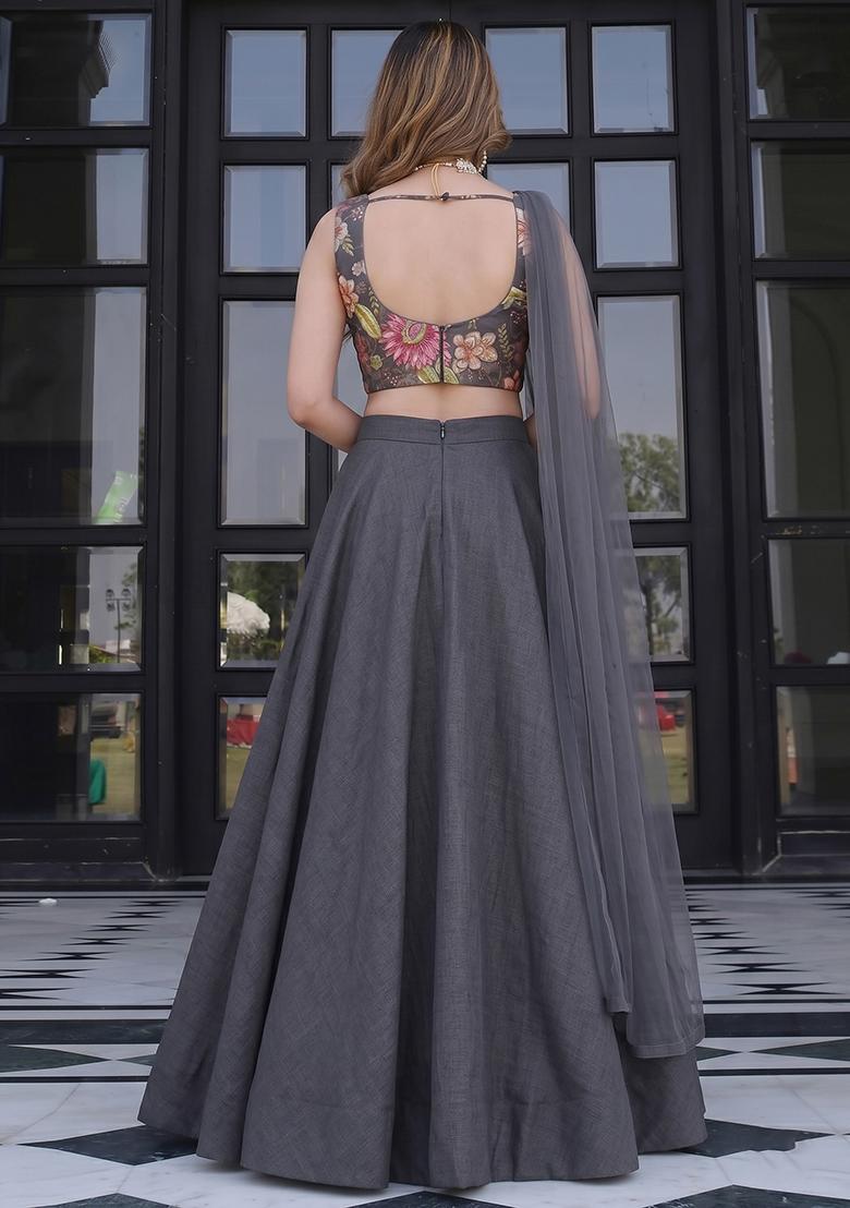 Charcoal Grey Embroidered Organza Lehenga Set - Indya