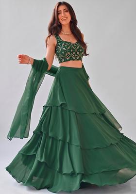 Bottle Green Embroidered Georgette Lehenga Set
