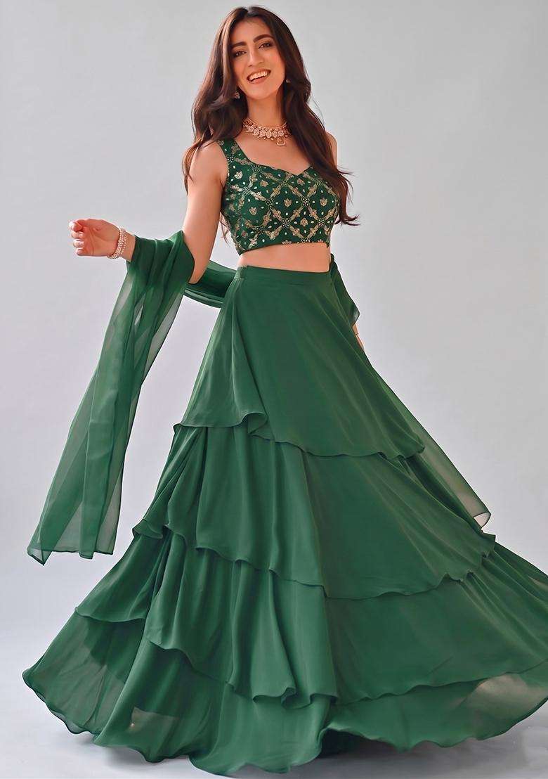 Bottle Green Georgette Lehenga Set with Embroidered for Diwali | Wedding & Festive Wear - Indya