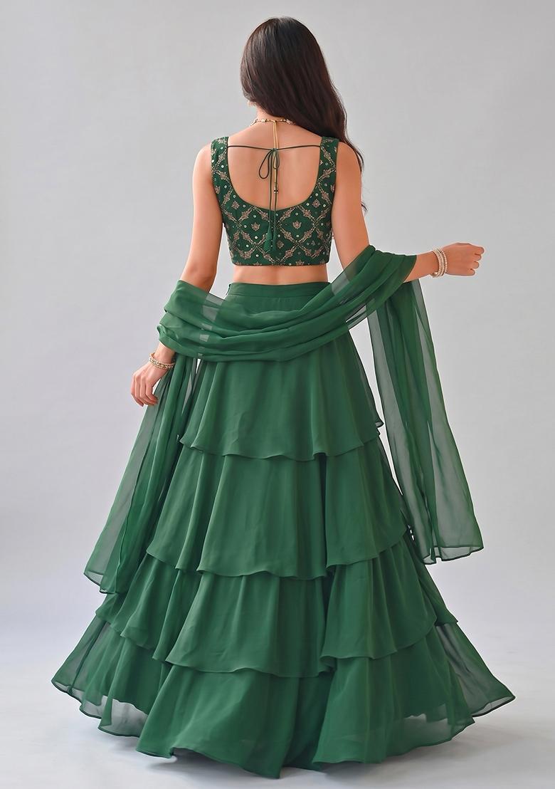 Bottle Green Embroidered Georgette Lehenga Set - Indya