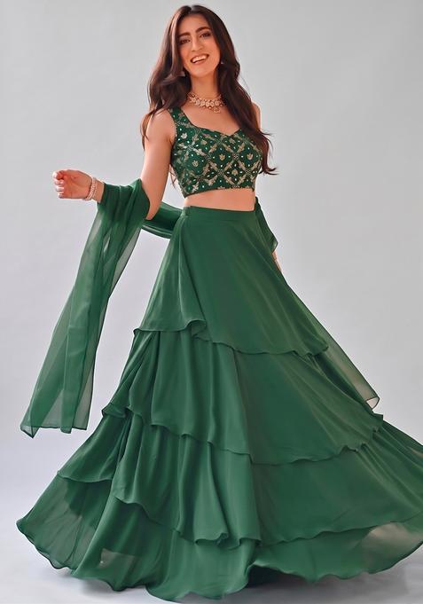 Bottle Green Silk Blend Embroidered Lehenga Set