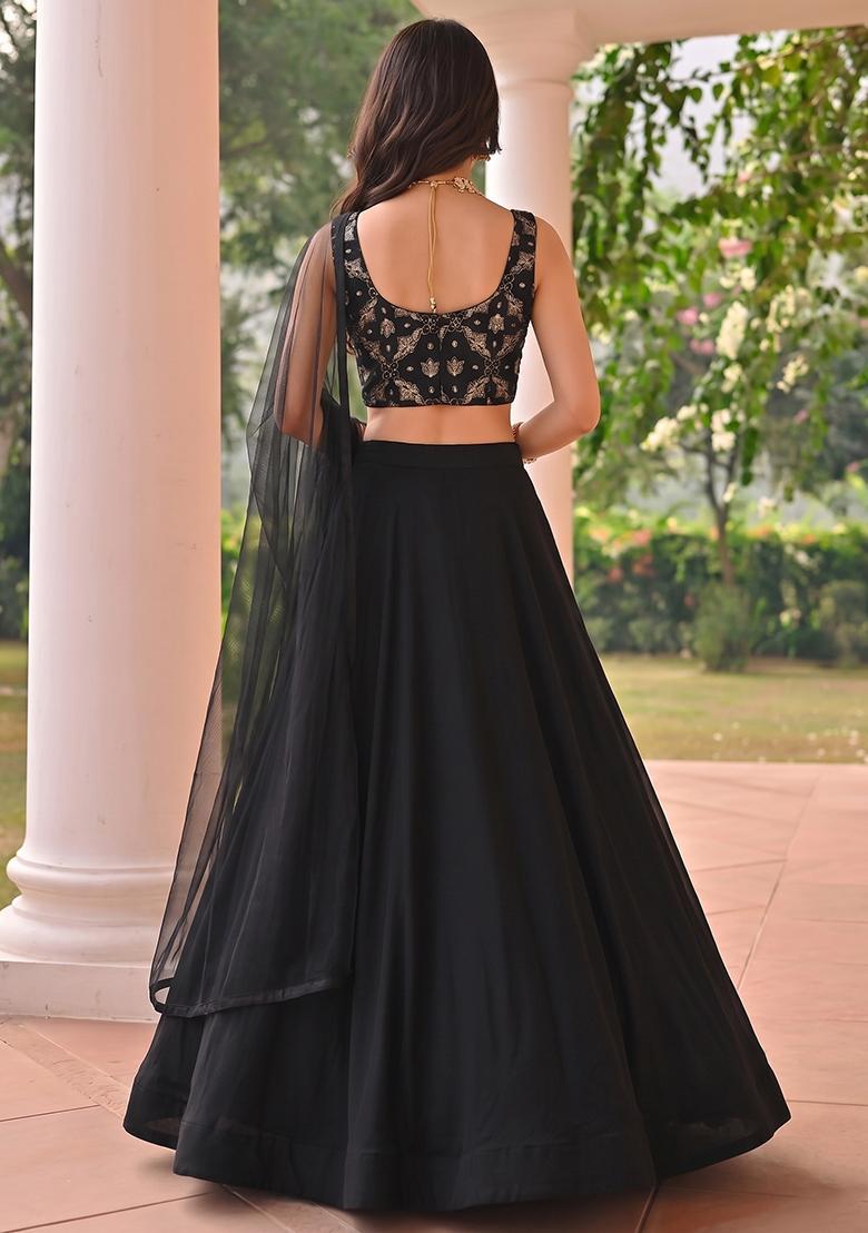 Jet Black Sequin Georgette Lehenga Set - Indya