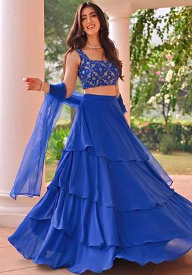 Cobalt Blue Embroidered Georgette Lehenga Set