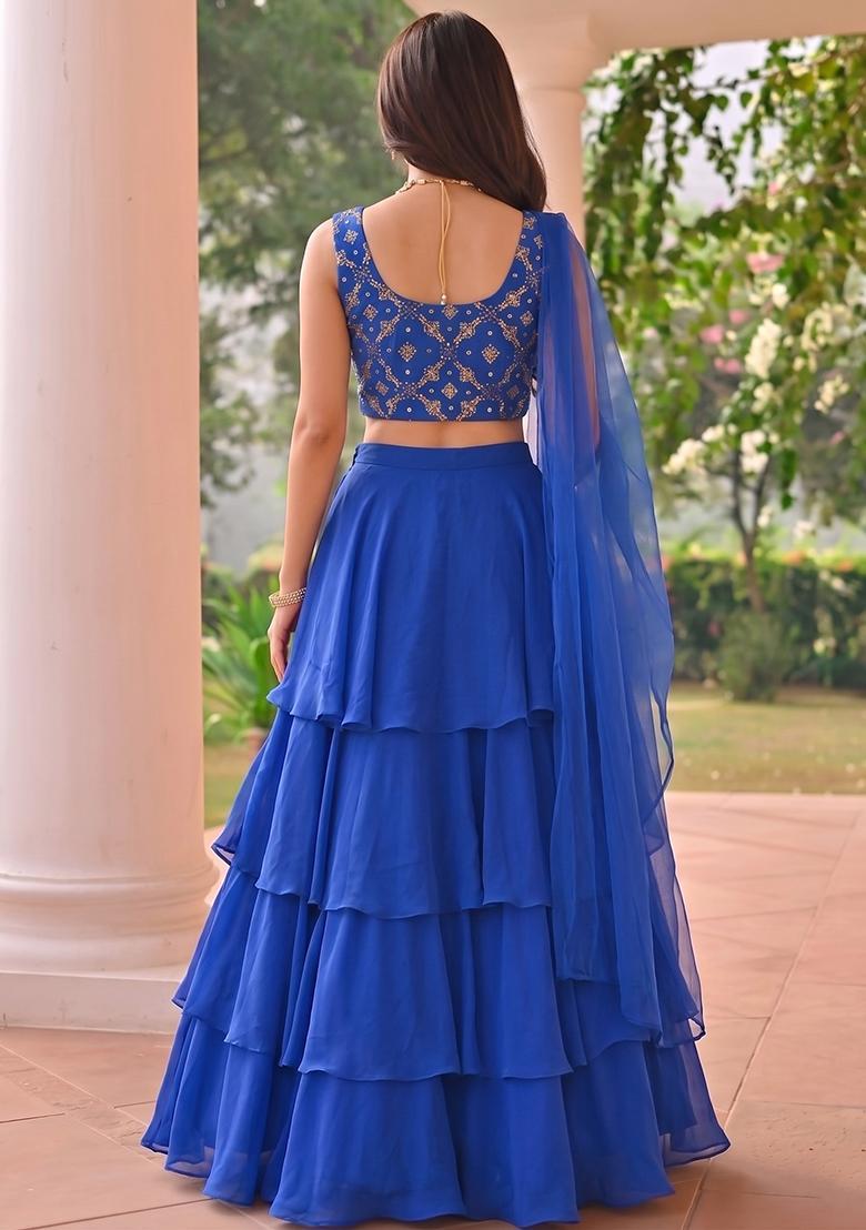 Cobalt Blue Embroidered Georgette Lehenga Set - Indya
