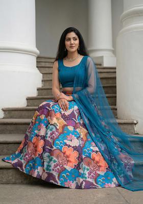 Teal Blue Printed Georgette Lehenga Set