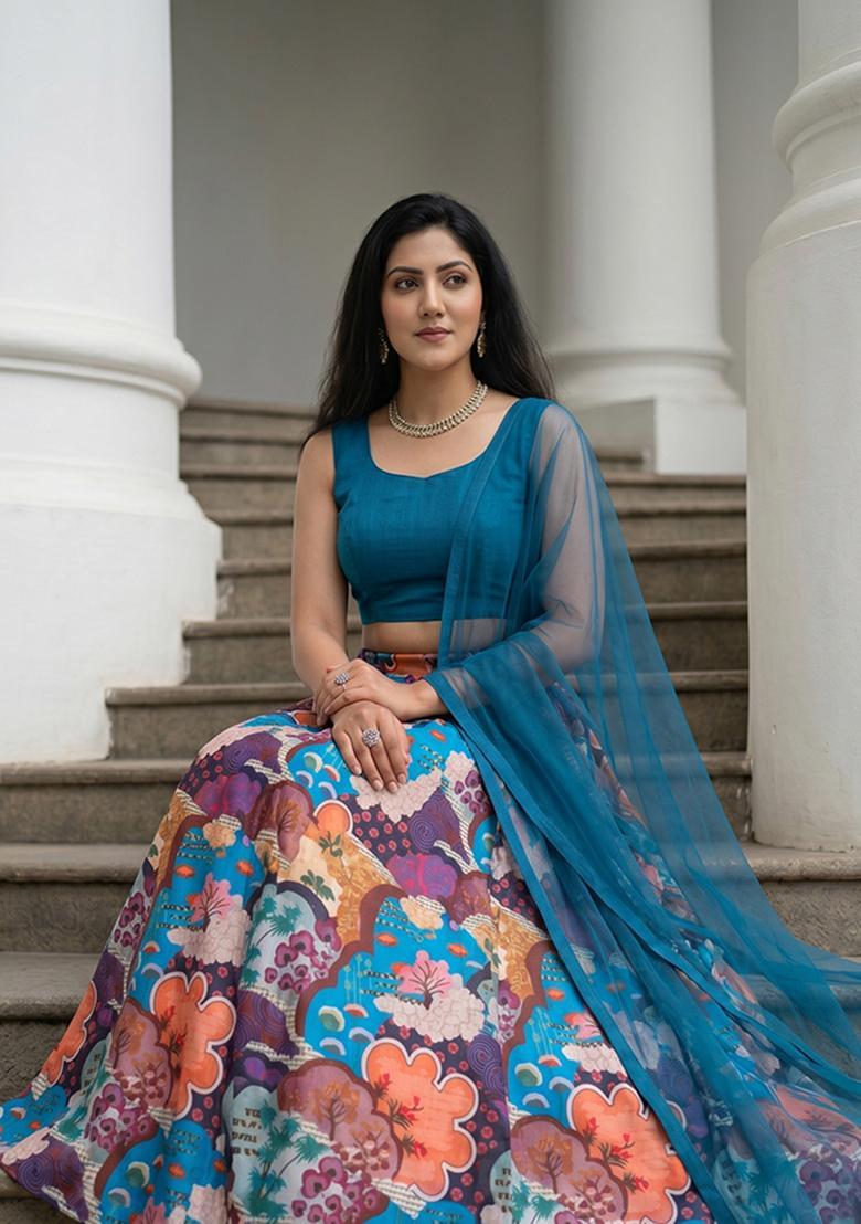 Teal Blue Printed Georgette Lehenga Set - Indya