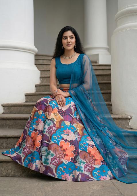Teal Blue Silk Blend Printed Lehenga Set