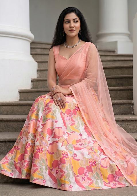 Peach Multi Silk Blend Floral Print Lehenga Set