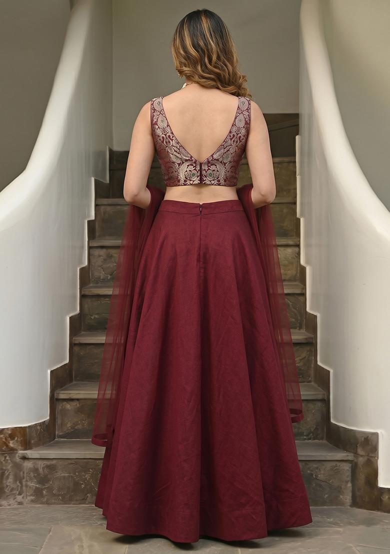 Maroon Brocade Jacquard Brocade Lehenga Set - Indya