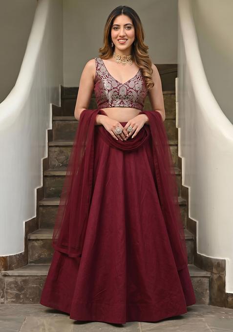 Maroon Silk Blend Brocade Lehenga Set