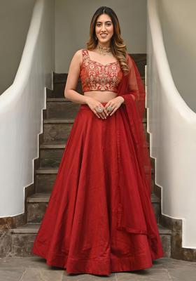 Red Orange Brocade Jacquard Brocade Lehenga Set