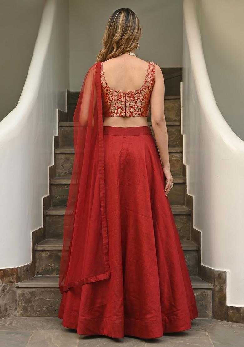 Red Orange Brocade Jacquard Brocade Lehenga Set - Indya