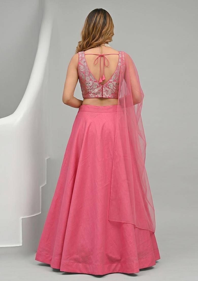 Rani Pink Brocade Jacquard Brocade Lehenga Set - Indya