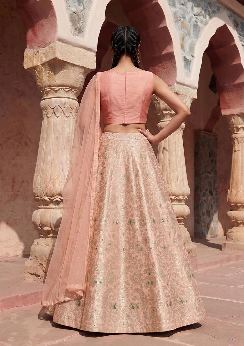 Soft Peach Jacquard Jacquard Brocade Lehenga Set - Indya