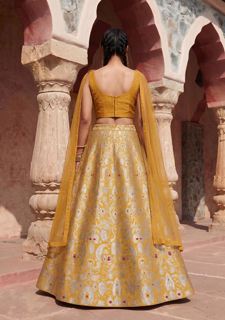Mustard Brocade Jacquard Brocade Lehenga Set - Indya