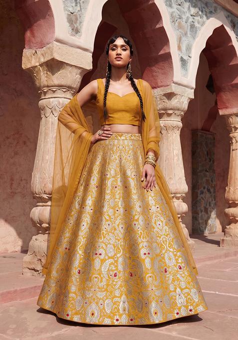 Mustard Silk Blend Brocade Lehenga Set